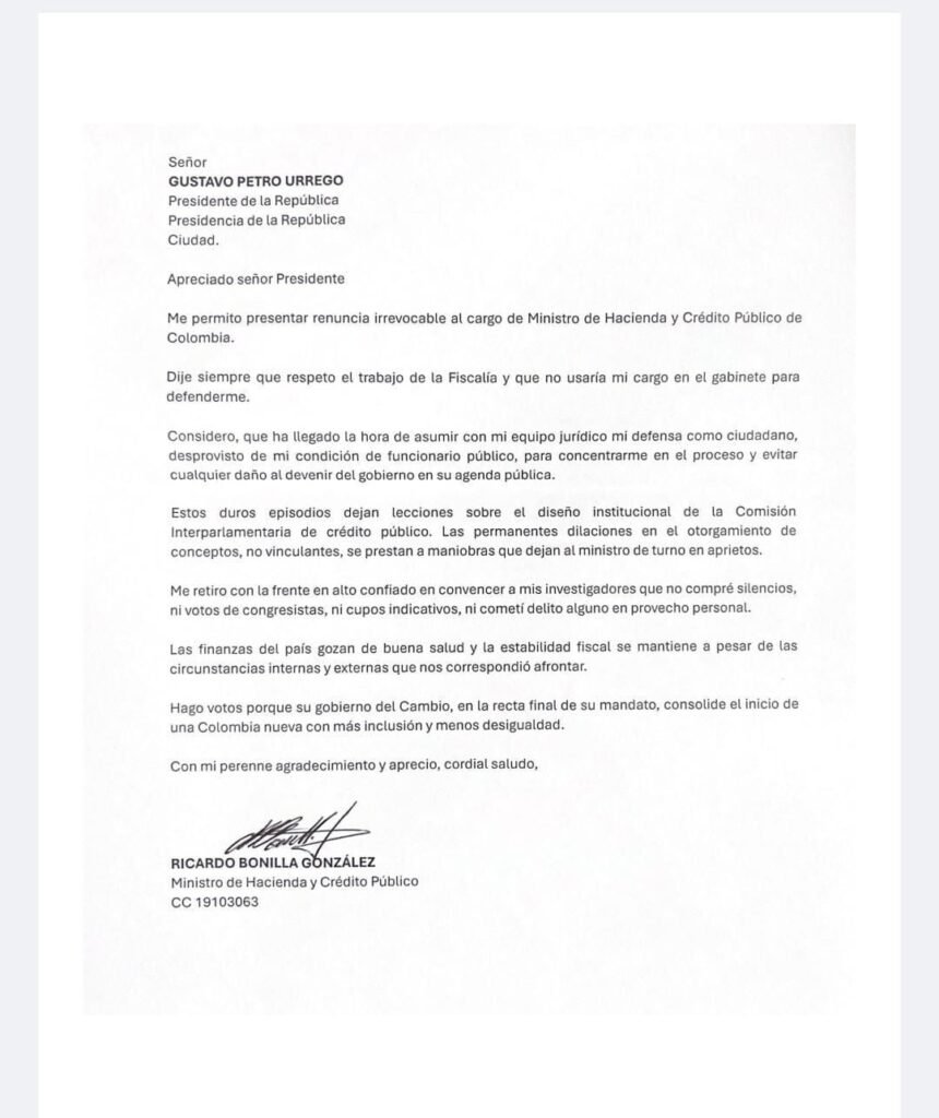 Carta de renuncia irrevocable del ministro de Hacienda, Ricardo Bonilla.