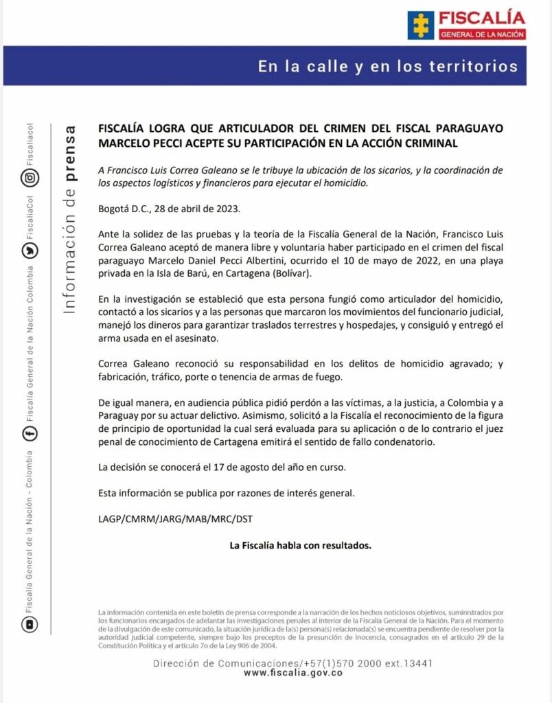 Comunicado de la Fiscalía del 28 de abril de 2023, cuando Francisco Luis Correa Galeano aceptó su participación en el crimen del fiscal Marcelo Pecci.