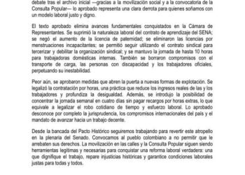 Pacto Histórico arremete contra la reforma laboral aprobada en Comisión Cuarta del Senado
