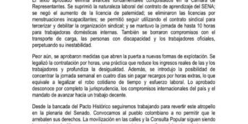Pacto Histórico arremete contra la reforma laboral aprobada en Comisión Cuarta del Senado