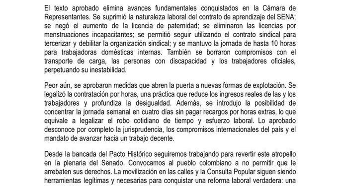 Pacto Histórico arremete contra la reforma laboral aprobada en Comisión Cuarta del Senado