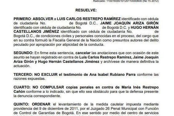Absuelven al excomisionado de Paz Luis Carlos Restrepo