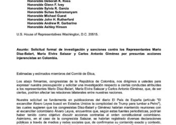 Treinta congresistas colombianos piden sancionar a tres representantes estadounidenses por presunta injerencia en la política nacional