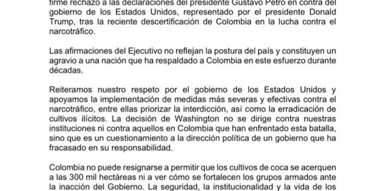 Once partidos rechazan la reacción del presidente Petro frente a la descertificación de EE. UU.