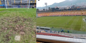 Futbolistas alertan por el deterioro de la cancha de El Campín tras lluvias y conciertos